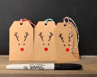 Reindeer Christmas Gift Tags - Kraft Rudolph Tags, Set of 10