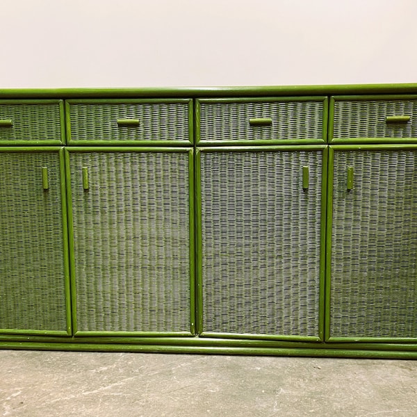 Green lacquered rattan and bamboo sideboard.