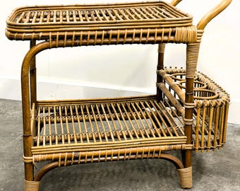 Vintage Italian Rattan Bar Cart with Bottle Holder, 1970s