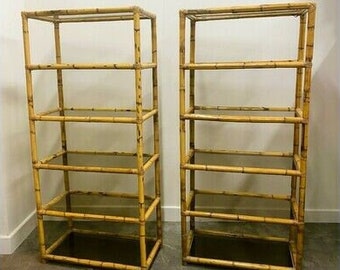 Pair Of Large Midcentury Bamboo Etagere Display Shelving Units, 1970s.