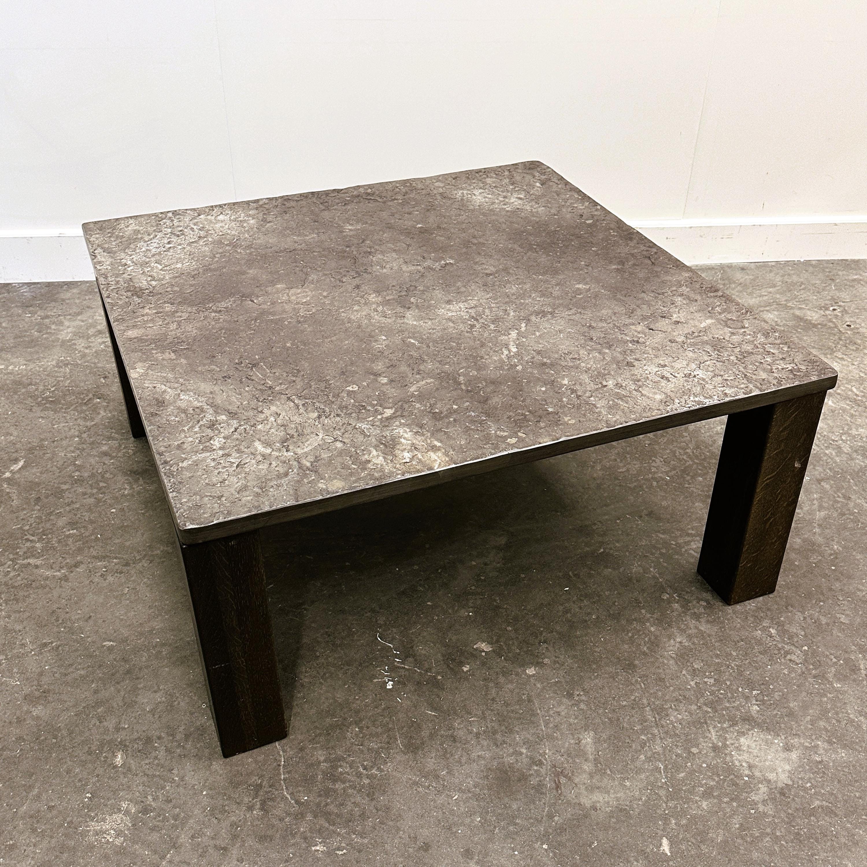 French 1970s Slate & Solid Oak Coffee Table — Textural Slate Slab