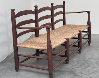 Antique French Provincial "Radassier" Bench in Solid Oak with Rush Seat, France 1950s