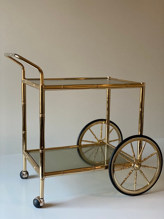 Hollywood Regency faux bamboo brass bar cart trolley with 3