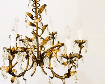 Vintage Gold Leaf Crystal  Chandelier with 6 lights, 1950s.