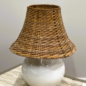Vintage Ceramic Table Lamp with Rattan Shade, 1980s.