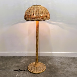 Large French Rattan Floor Lamp, Mid Century Mushroom Shade, Vintage Wicker Standing Lamp, 1950s
