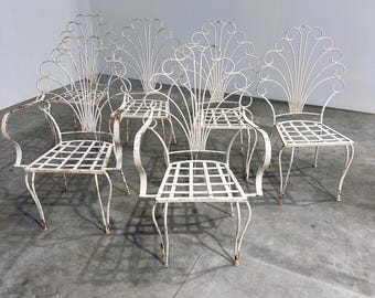 Zeldzame prachtige set van zes French Peacock Garden terrasstoelen, jaren 1950