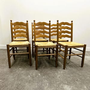 Set of 6 French Provence Oak Farmhouse Country Dining Chairs wit Rush Seating, 1970s.