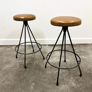 Pair of Industrial Vintage Metal Frame Bar Stools, France 1970s.