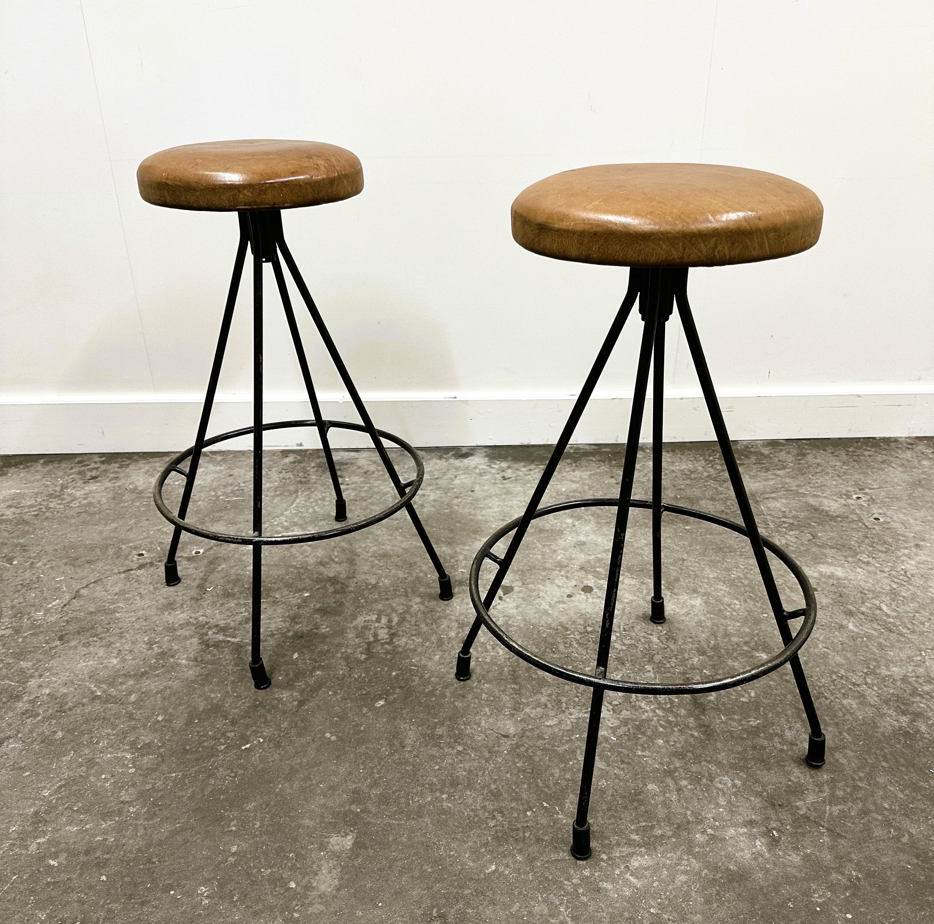 Pair of Industrial Vintage Metal Frame Bar Stools, France 1970s.