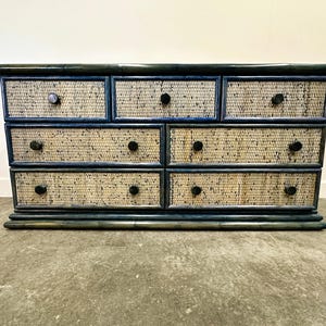 Vintage Blue Rattan Chest of Drawers by Maugrion, France 1970s