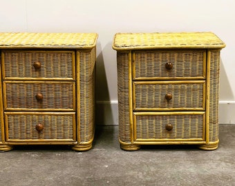 Pair of Natural Rattan Wicker Nightstands/ Bedside Tables, 1970s.