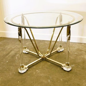 Brass and Lucite Dining Table with Beveled Glass Top, Italy 1980s.