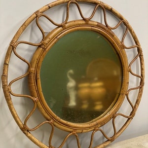 Rare Mid Century Round Italian Mirror With Double Bamboo Weaved Wicker Frame, 1950s
