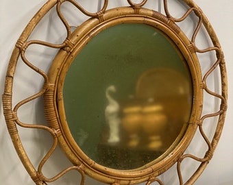 Rare Mid Century Round Italian Mirror With Double Bamboo Weaved Wicker Frame, 1950s