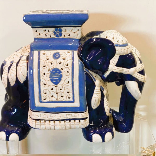 Chinoiserie Ceramic Lucky Elephant Plant Stand In Blue And Cream.