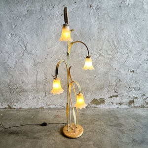 Mid Century Elegant Tole Ware Floral Floor Lamp with Glass Pendants, France 1980s.