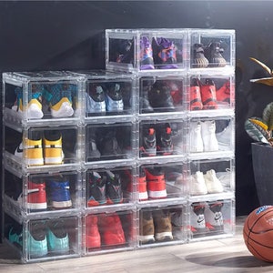 Paquete de 3 cajas de zapatos transparentes apilables de plástico para  tenis, organizador magnético de zapatos abierto lateral y estuche de