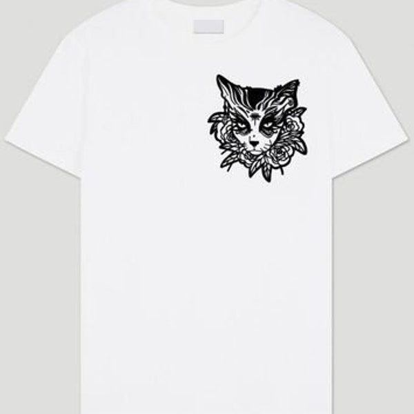 t-shirt motif chat style tatouage avec roses