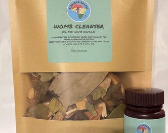 May include: A brown paper bag with a clear window, filled with dried herbs, next to a small brown bottle with a green label. The label on the bag reads "WOMB CLEANSER" and the bottle says "ESTRO/HI".