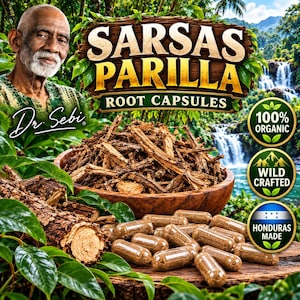 May include: Sarsaparilla root capsules featuring a wooden bowl filled with dried brown root pieces, several clear capsules containing brown powder, and a large piece of raw root. The text reads Sarsaparilla Root Capsules, 100% Organic, Wild Crafted, and Honduras Made.