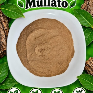 May include: A fine brown powder centered on a white plate. The text Gumbo Limbo/Mullato appears at the top. Four circular icons at the bottom contain the words Organic, 100%, Natural, and Potent, each accompanied by a small leaf or mortar and pestle icon.