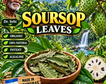 Può includere: Una ciotola di legno riempita con foglie di guanabana verdi essiccate, con il testo Soursop Leaves, Dr. Sebi, Organic, 100% Natural, Potent, Alkaline e Made in Honduras, con l'immagine di un uomo, frutti e una cascata sullo sfondo.