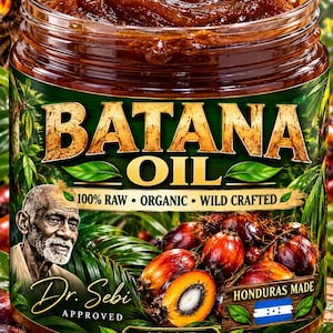 May include: A clear glass jar filled with brown Batana Oil, featuring a label with the text BATANA OIL, 100% RAW, ORGANIC, WILD CRAFTED, Dr. Sebi APPROVED, HONDURAS MADE, and 16 OZ. The label includes an illustration of a person and palm fruit.