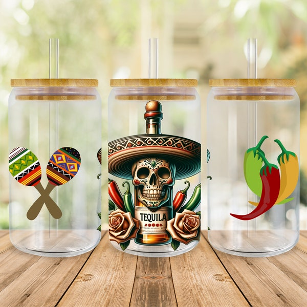 Cinco De Mayo Png, Mexico Png, 16 Oz Libbey Glass PNG, Libbey Can Wrap Sublimation PNG Design, Glass Tumbler Cup Digital Download PNG Skull