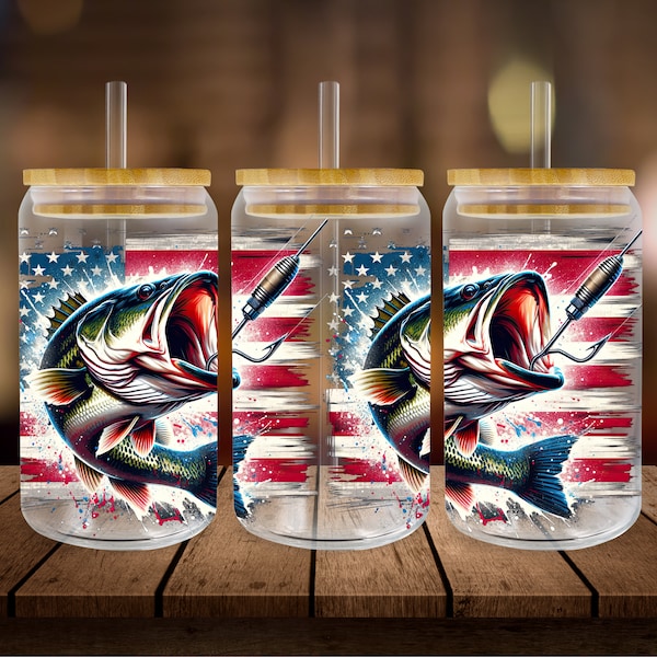 Fishing American Flag Wrap Libbey Cup Png Sublimation Design, 16oz Libbey Cup Png, Bass Fish Glass Can Png, Animals Libbey Cup Png Downloads