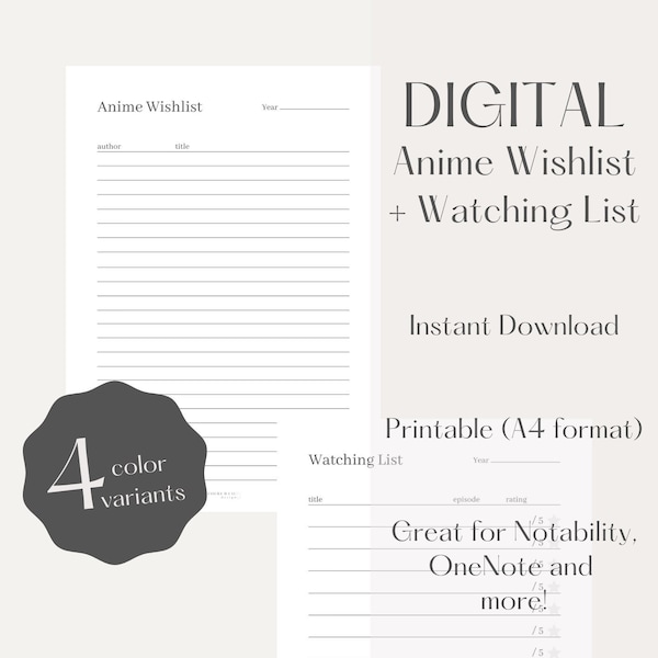 Anime Wishlist, Watching List, Instant Download, Printable, PDF - Anime Lista dei Desideri e Recensioni, Descargar Immediato, Stampabile, PDF