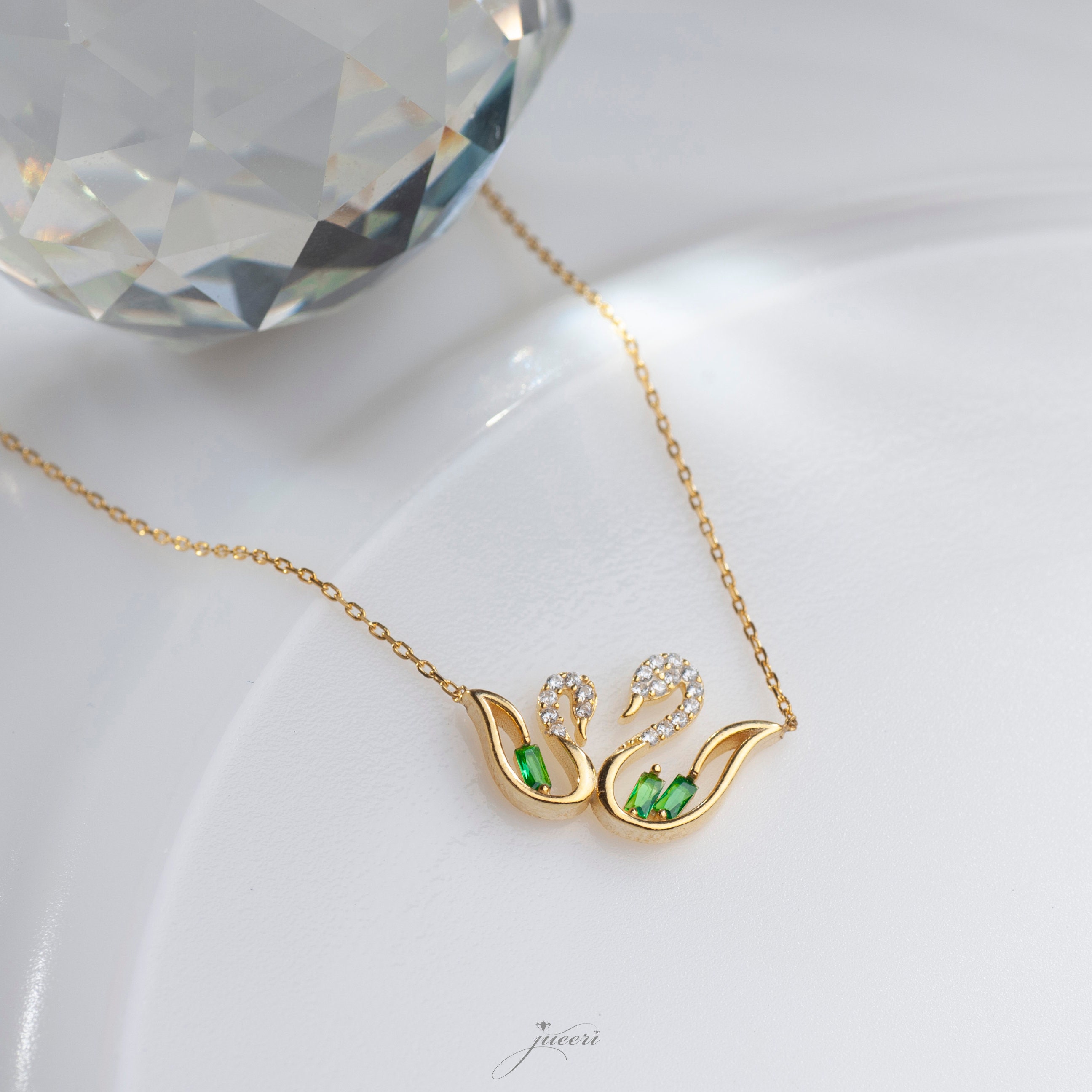 Emerald Swan Necklace: Baguette Stone 925 Sterling Silver