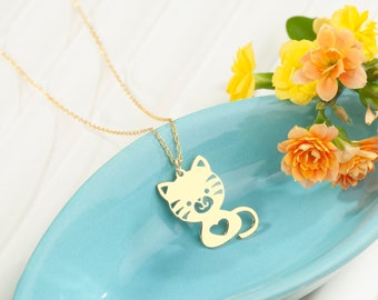 Kawaii Cat Necklace, Cartoon Cat Necklace, Heart Cat Pendant, Cute necklace for Girlfriend, Cat Lover Gift, Gold Cat Necklace, Silver Kitty