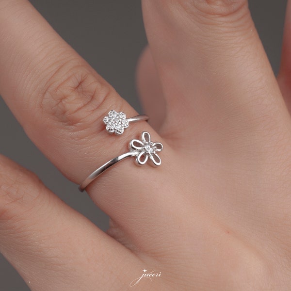 Korean Style Flower Ring for Summer, 14k Gold Plated Flower Ring, 925 Sterling Silver, Adjustable Ring, Promise Ring Birthday Gift for Her