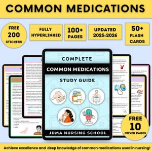 Puede incluir: Una guía de estudio sobre los medicamentos comunes utilizados en enfermería. La guía incluye más de 100 páginas, más de 50 tarjetas de memoria y 200 pegatinas gratis. La portada presenta un fondo azul con ilustraciones de píldoras y una enfermera.