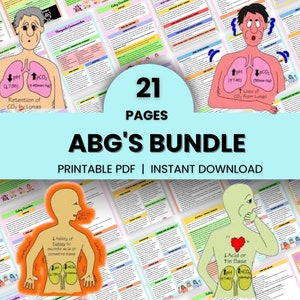 Pode incluir: Um pacote de PDF imprimível de 21 páginas com ilustrações e texto sobre ABG (Gases Arteriais no Sangue). O título do pacote é "ABG's Bundle" e o subtítulo é "PDF imprimível | Download instantâneo".