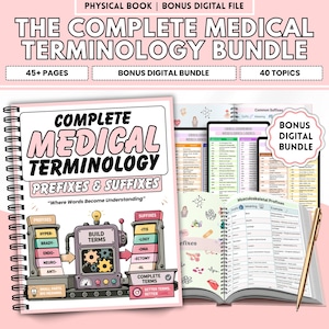 May include: A spiral-bound book titled "COMPLETE MEDICAL TERMINOLOGY" with the subtitle "PREFIXES & SUFFIXES." The image also includes a bonus digital bundle and a gold pen. The book cover features a diagram illustrating medical term construction.