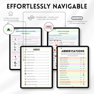 May include: A digital medical study guide with the title "EFFORTLESSLY NAVIGABLE" at the top. The guide includes sections on medical abbreviations, anatomy, and an index. The guide is designed for easy navigation with clickable links.