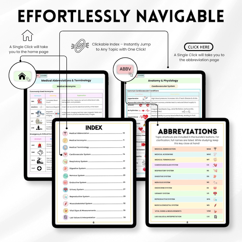 May include: A digital medical study guide with the title "EFFORTLESSLY NAVIGABLE" at the top. The guide includes sections on medical abbreviations, anatomy, and an index. The guide is designed for easy navigation with clickable links.