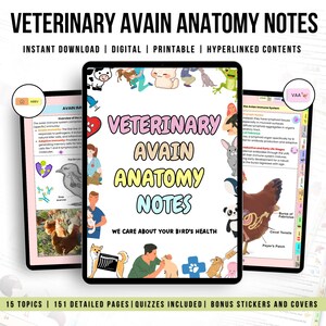 Pacote com mais de 150 páginas de anatomia aviária veterinária com hiperlinks, guia de estudo para enfermeiros veterinários, capa com adesivos bônus e questionários, ideal para estudantes de medicina veterinária.