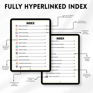 May include: Two digital tablets displaying an index with medical terminology. The tablets show a list of medical topics, including abbreviations, terminology, and systems. The text "FULLY HYPERLINKED INDEX" is at the top. The image includes links to other pages.