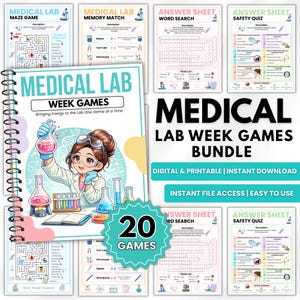Op de afbeelding: Een spiraalgebonden boek met de titel "MEDICAL LAB WEEK GAMES" met een cartoonillustratie van een wetenschapper. De afbeelding bevat verschillende spellen en antwoordvellen met het thema wetenschap, met de tekst "BUNDLE" en "20 GAMES".