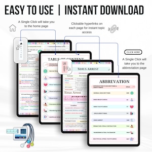 May include: Digital medical study guide with the text "EASY TO USE | INSTANT DOWNLOAD." The guide displays information on tablets, including abbreviations, normal sinus rhythms, and sinus arrest. A single click takes you to the home page or abbreviation page.