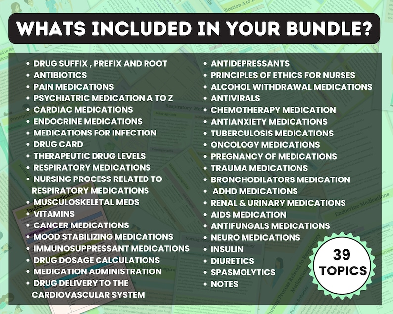 May include: A green and white infographic lists 39 topics related to medication, including drug suffixes, prefixes, and roots, antibiotics, pain medications, psychiatric medications, cardiac medications, endocrine medications, medications for infection, therapeutic drug levels, respiratory medications, nursing process related to respiratory medications, musculoskeletal meds, vitamins, cancer medications, mood stabilizing medications, immunosuppressant medications, drug dosage calculations, medication administration, drug delivery to the cardiovascular system, antidepressants, principles of ethics for nurses, alcohol withdrawal medications, antivirals, chemotherapy medication, antianxiety medications, tuberculosis medications, oncology medications, pregnancy of medications, trauma medications, bronchodilators medication, ADHD medications, renal & urinary medications, AIDS medication, antifungals medications, neuro medications, insulin, diuretics, spasmolytics, and notes.