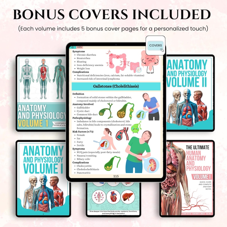 May include: A collection of anatomy and physiology study guides. The covers feature illustrations of the human body, internal organs, and anatomical diagrams. The text includes the words "BONUS COVERS INCLUDED" and "ANATOMY AND PHYSIOLOGY".