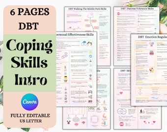Op de afbeelding: Een set van zes printbare pagina's met DBT-copingvaardigheidswerkbladen. De pagina's zijn in een pastelkleurenschema met illustraties en tekst. De pagina's omvatten vaardigheden voor stressverdraagzaamheid, emotieregulatie, het bewandelen van het middenpad, persoonlijke effectiviteit en mindfulness.