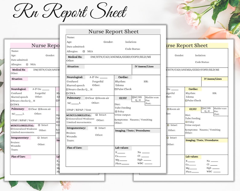 RN Report Sheet Nrse Rport Seet Printable Sheets Nurse Etsy