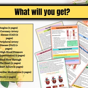 May include: A colorful infographic about heart health, with titles like "Angina", "Coronary Artery Disease", "Peripheral Artery Disease", "High Blood Pressure", "Blood Flow Through The Heart", "Heart Failure", "Cardiac Medications", and "Shock". The infographic includes illustrations of the heart and blood vessels.