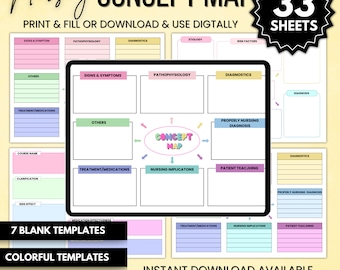Nursing Concept Map 33 Sheets | Editable & Printable Nursing Concept Map | Nursing Study Guide | Digital Download | Template for Nursing