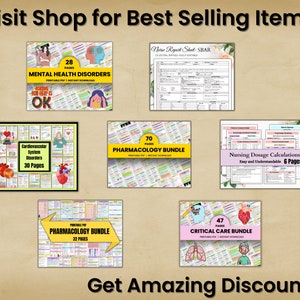 May include: A collage of colourful digital downloads for nurses, featuring topics such as mental health disorders, cardiovascular system disorders, pharmacology, critical care, and nursing dosage calculations. The text "Visit Shop for Best Selling Items" and "Get Amazing Discounts" is also included.